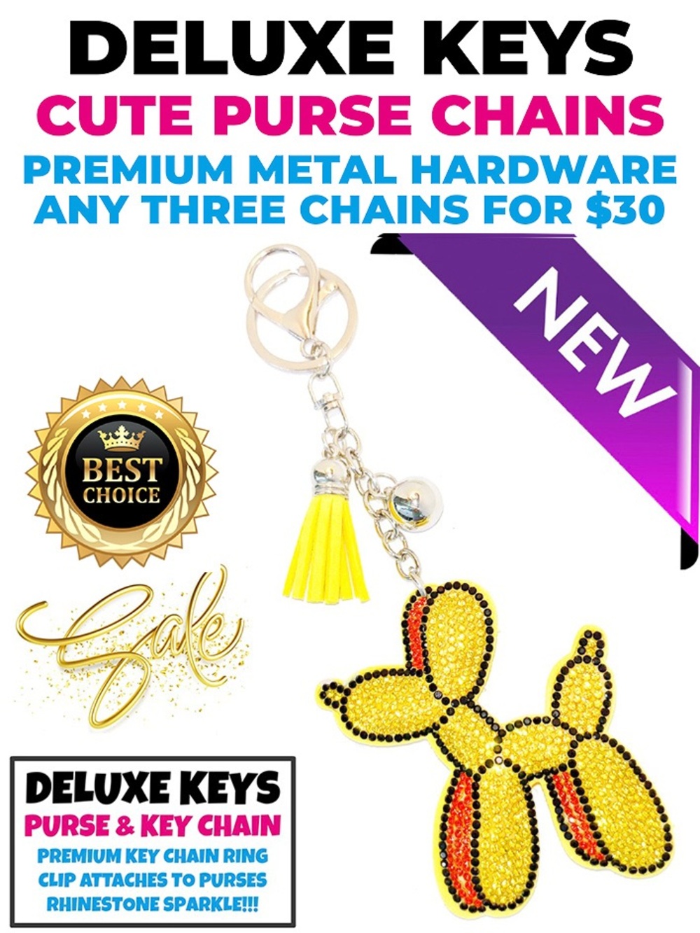 DeLuxe Keys Rhinestone Keychain/Purse Chain YELLOW BALLOON DOG